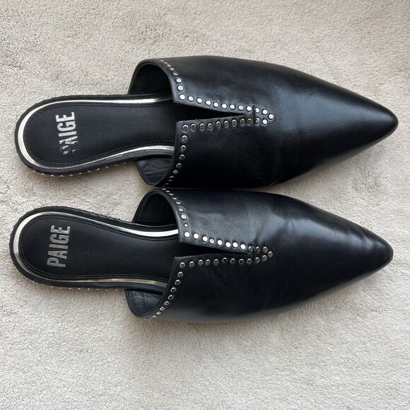 Paige Alia Black Leather Mule Slide Flats Women 7 Silver Stud Pointed Toe Casual - Picture 15 of 15
